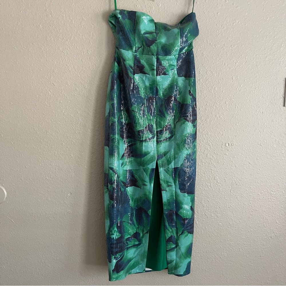 Strapless green and blue sequin floral dress - Picture 2 of 10